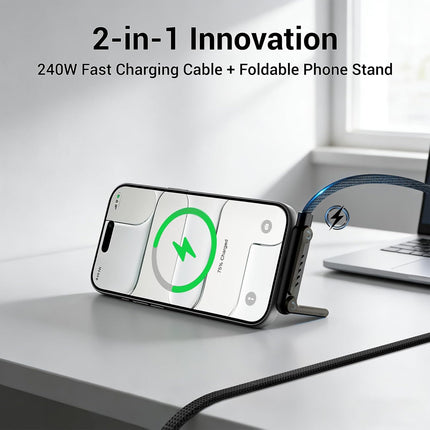 Invisible Holder Charger Cable, 240W PD Fast Charging Cable for Desk, USB-C to USB-C & USB to USB-C Cable 4.9 FT with 360° Adjustable Metal Stand, 2 in 1 Holder Charger for Gaming, Office, Home