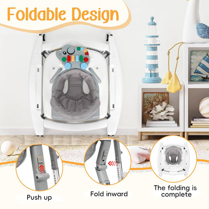 5 in 1 Baby Walker Foldable Music and Lights with 5 Adjustable Heights, Baby Walker with Wheels Portable, Infant Toddler Walker for Baby Boy Girls 6-18 Months (White)