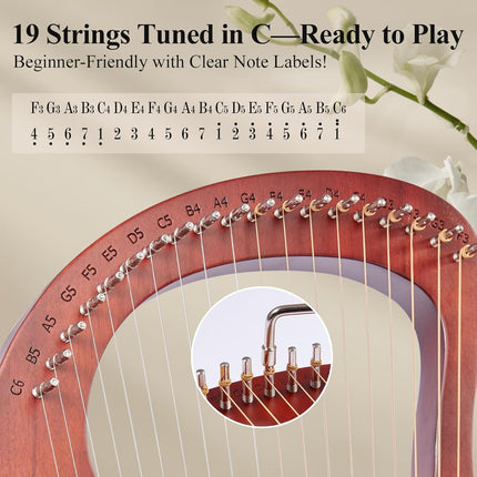 Lyre Harp, 19-String Mahogany Lyra Harp Kit, Stringed Musical Instruments with Tuning Wrench Bag Instructions Extra Strings for Beginners Adults