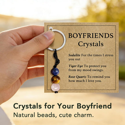 Boyfriend Crystal Keychain, Natural Gemstone Beads for Him, Cute Key Ring Charm Gift, Valentine’s Day Gift for Him