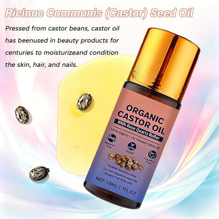 DESIYUE Organic Castor Oil Roll On with Rose Quartz Roller, 100% Castor Oil Organic Cold Pressed, Castor Oil Rose Quartz Roller Ball for Face and Body, Hair, Eyebrows, Moisturize Skin (1PC)