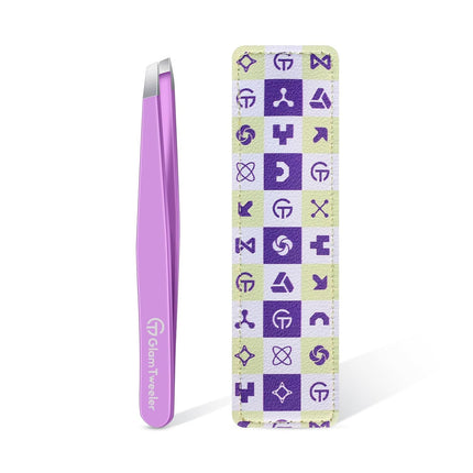 Expert Slant Tip Tweezers with Leather Case, GlamTweeler Sharp & Precision Stainless Steel Tweezer for Eyebrows, Facial Hair and Fine Hairs Removal (Violet)