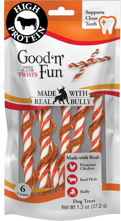 Triple Flavor Twists with Bully Chews, High-Protein Dog Treat for All Adult Dogs, Made with Real Chicken, Beef Hide