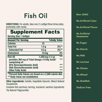 Nature's Bounty Fish Oil Omega-3 1200mg — Heart Health Support, 200 Softgels