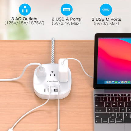Flat Plug Power Strip, Short Extension Cord 1 Ft - 3 Outlets 4 USB Ports (2 USB C) 22.5W/4.5A Desktop Charging Station, Power Strip No Surge Protection for Cruise Ship, Dorm Room Travel Essentials