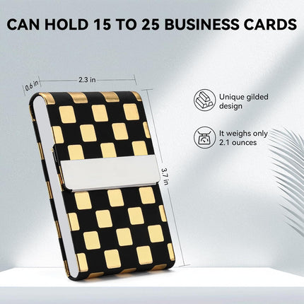 Business Card Holder，Men and Women Business Card Holder Case Featuring a Lustrous PU Leather Exterior, an Ultra-Thin Stainless Steel Frame, and a Magnetic Closure，Black