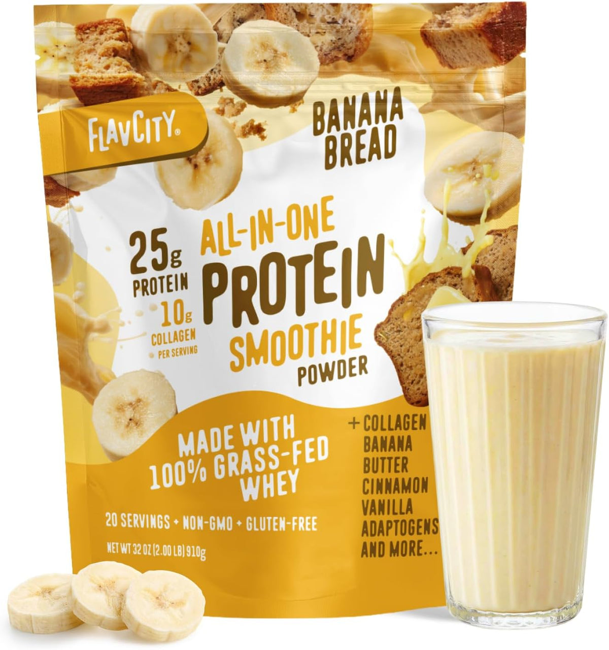 All in One Protein Shake Powder, Banana Bread - On the Go Meal Alternative + Collagen Peptides, Reishi & Cordyceps 