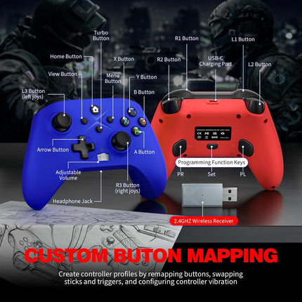 LENISUOLE Wireless Controller 2-Pack - Compatible with Xbox One/Series X|S, PC, Steam | Gamepad with 2.4GHz Wireless Adapter, Turbo, Macro Programming & 3.5mm Audio Jack