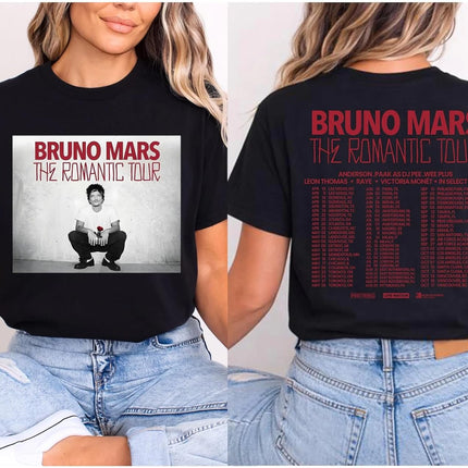Handmade The Romantic Tour 2026 Front and Back T-Shirt, Bruno Concert Merch, Memorabilia Best Friend Matching Tee, Concert Lover Gift Multicolor