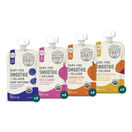 Serenity Kids 6+ Months Dairy Free Smoothie Baby Food Pouches - Protein Snack Pouches with Grass-Fed Collagen & Healthy Fats - USDA Organic Baby Food with No Added Sweeteners - 3.5 Fl Oz, Pack of 8