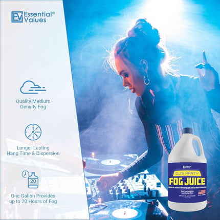 ESSENTIAL VALUES Fog Machine Fluid (128 FL OZ / 1 Gal) Fog Juice Long-Lasting Medium Density Liquid for Water Based Foggers, Perfect for 400 Watt to 1500 Machines, Outdoor or Indoor, Made in USA
