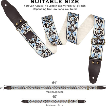 Jacquard Embroidered Guitar Strap, Genuine Cowhide Leather Ends, Adjustable for Bass Electric Acoustic