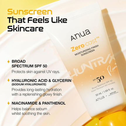 Anua, Zero-Cast Moisturizing Sunscreen SPF 50, Glow Natural Sunscreen for face, No White Cast, Hyaluronic Acid, Niacinamide, Oil-Free, KPop Demon Hunters, Korean Skincare, 1.69 fl oz