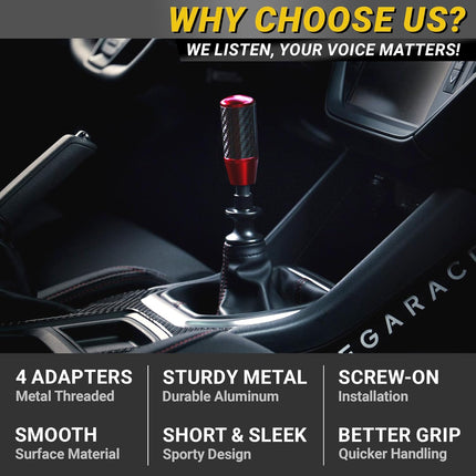 Premium Red Carbon Fiber Shift Knob - 4 Metal Threaded Adapters, 4 5 6 Speed Manual & Buttonless Automatic Transmission Cars, Weighted Gear Stick Shifter Knobs, (M8, M10x1.25/1.5, M12x1.25), JDM Style