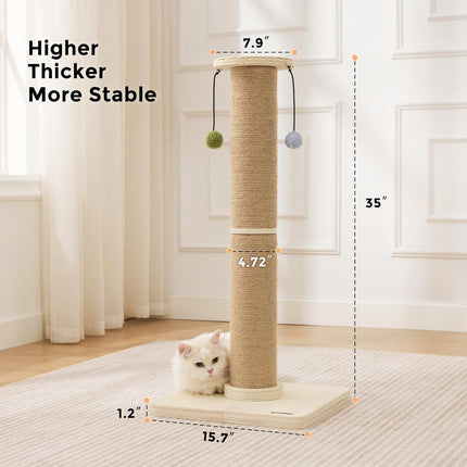 ZOMISIA 35'' Tall Cat Scratching Post, 4.7'' Large Scratch Post with Thicken Wooden Base for Indoor Cats Adults, Sisal Scratcher Top & Dangling Balls, Super Sturdy
