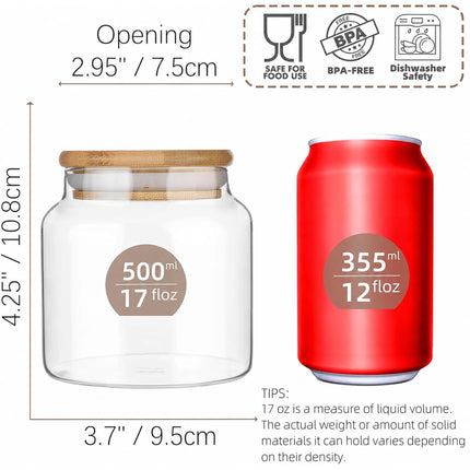 17 floz Small Glass Storage Containers with Lids,Candy Jar with Lid, Glass Food Storage Containers for Kitchen Counter, Pantry, Decorative Jar for Coffee, Sugar,Tea, Cute Jar(Bamboo 17 FL OZ)