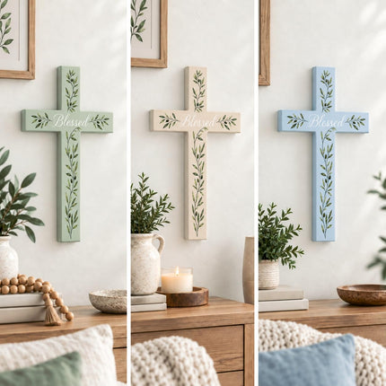 Wall Cross, Wooden Olive Branch Christian Wall Decor, Baptism Gift for Home