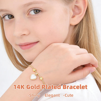 Birthday Gift Bracelet for Girls Age 4-13, 14K Gold Plated Heart Shell Bracelet, Adjustable Cute Jewelry for Daughter Granddaughter Niece, Meaningful Kids Birthday Jewelry Present