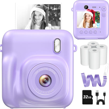 Instant Camera, Dual-Lens Kids Camera Instant Print for Boys Girls Christmas Birthday Gifts, 1080P Digital Cameras for Kids Teens with Print Paper, 32GB Card, Toddle Toy for Age 4-12 Years(Purple)
