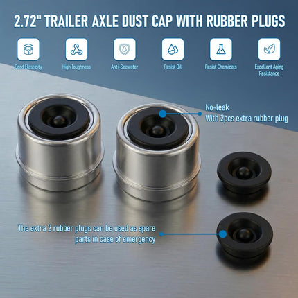 4pcs 2.72" Trailer Axle Wheel Hub Dust Caps, Bearing Center Replacement Trailer Cup,Trailer Hub Grease Cap with 4 Rubber Plugs Fit for Most 7000 to 8000 Ib Axles Dexter EZ Lube