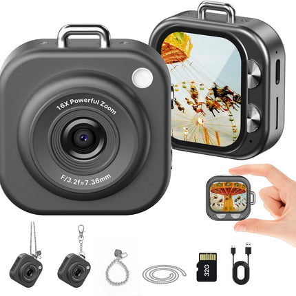 W & O Mini Keychain Digital Camera,1080p Mini Camera Charms with 32GB Card,Small Cameras for Photography with Long Battery Life,Pocket-Size Keychain Camera with Chain for Vlog, Party,Travel (Black)