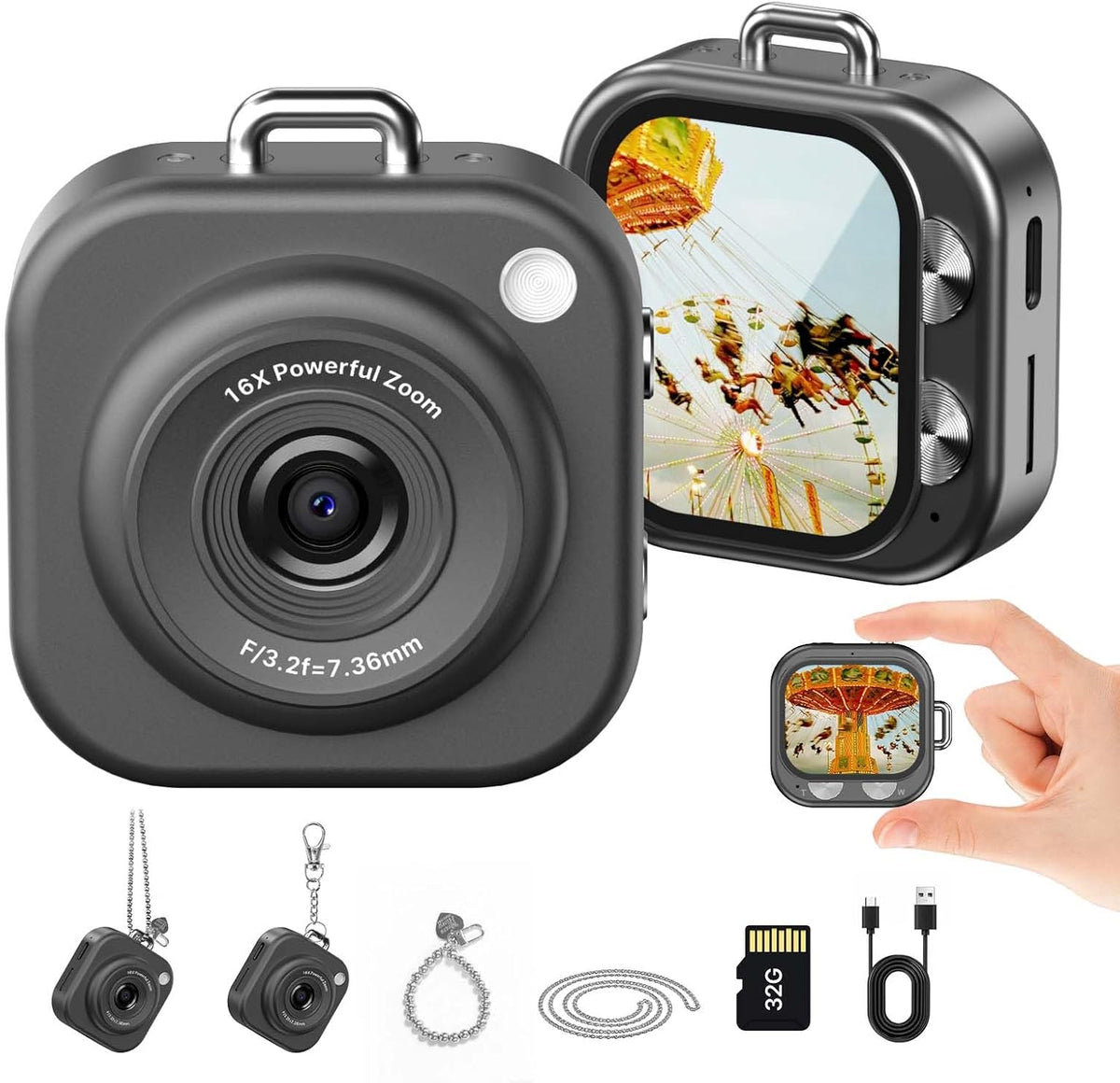 Mini Keychain Digital Camera, 1080p Pocket-Size Camera Charm with 32GB Card and Chain, Black