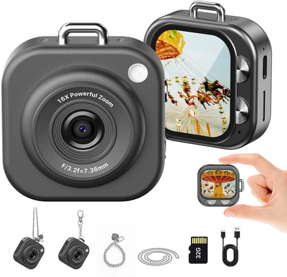 Mini Keychain Digital Camera, 1080p Pocket-Size Camera Charm with 32GB Card and Chain, Black