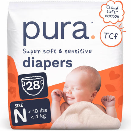 Pura Newborn Baby Diapers - Size N (Up to 10 lbs), 28 Count, Cloud Soft Disposable Diapers for Sensitive Skin, Totally Chlorine Free, Blowout Blocker & Wetness Indicator