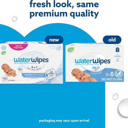 WaterWipes Sensitive+ Newborn & Baby Wipes, 3-In-1 Cleans, Cares, Protects, 99.9% Water, Unscented & Hypoallergenic, 720 Count (12 Packs)