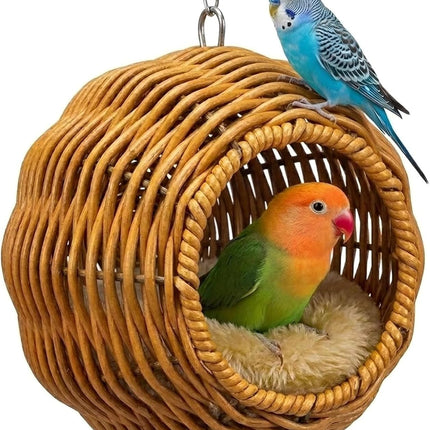 Rattan Bird Nest Chewproof Steel Frame Parakeet Nesting House for Cage, Small Bird Hammock Parrot Sleeping Bed with Soft Mat for Cockatiels Budgerigars Finches Canaries