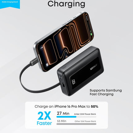 Anker Portable Charger, 10,000mAh 30W Power Bank, USB-C in and Out Fast Charging Battery Pack, Travel Essential Phone Power Bank, for iPhone 17/16, Galaxy and More (Black, 10000.00, Milliamp Hours)
