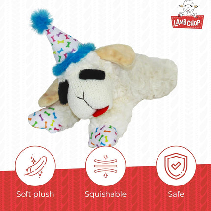 Multipet Lamb Chop Dog Plush Toy w/Birthday Hat - Squeaky Toy for All Dogs - Extra Soft Plush - Stuffed Animal for Cuddling & Playing (10.5", Blue Hat, 5 Squeakers)