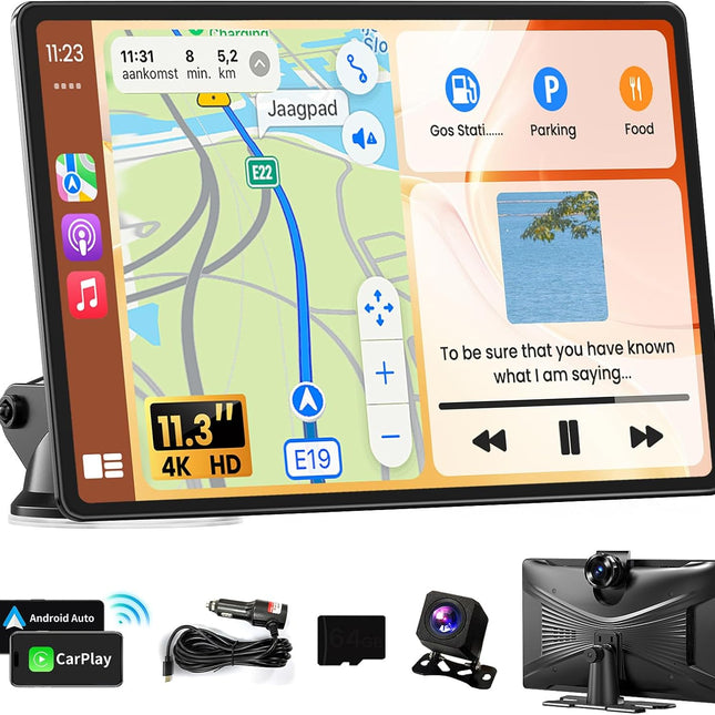 Portable Apple Carplay Screen for Car, 11.3" Extra Large Wireless Car Play & Android Auto Screen for Car, Car Stereo with 4K Dash Cam, App View, Backup Camera,GPS,Mirror Link,FM, Voice Control