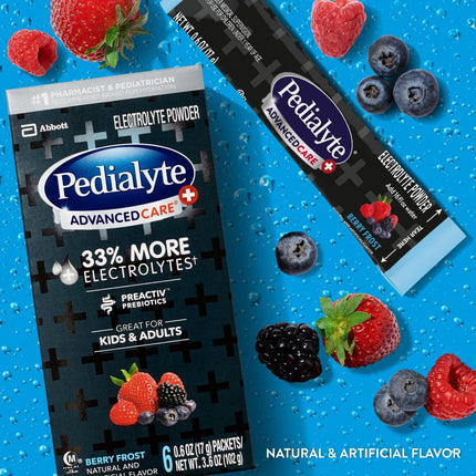 Pedialyte AdvancedCare Plus Electrolyte Powder, Has 33% More Electrolytes and PreActiv Prebiotics, Berry Frost, 6 Powder Packets