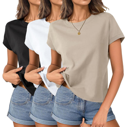Womens Boxy Tee Shirts Cap Sleeve Crop Tops Cotton Loose Fit T Shirts Crewneck Short Sleeves Casual Summer