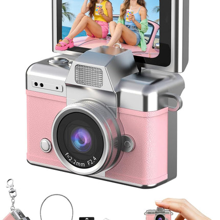 Mini Keychain Camera, 1080P Portable Digital Camera with 1.47” Flip LCD & Flash, Retro Collectible Pocket Camera for Travel, Parties, Birthday(Pink32GB)
