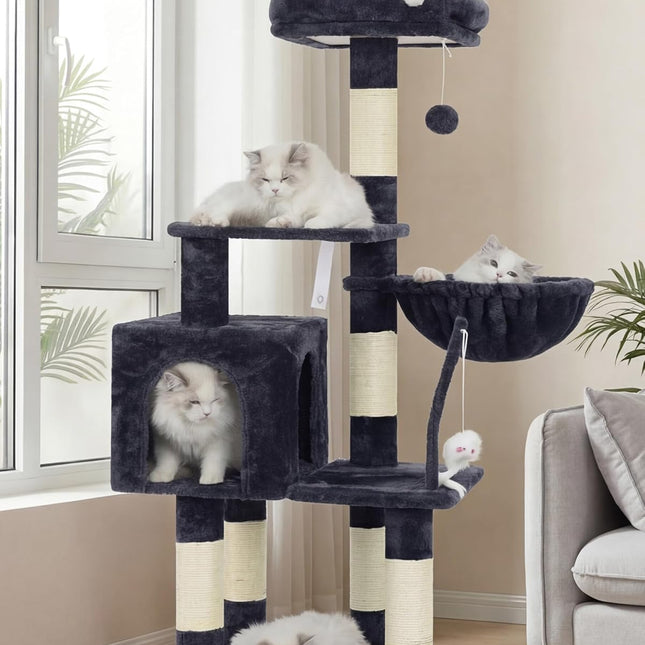 Heybly Cat Tree with Toy, Cat Tower Condo for Indoor Cats, Cat House with Padded Plush Perch, Cozy Hammock and Sisal Scratching Posts, Smoky Gray HCT004SG