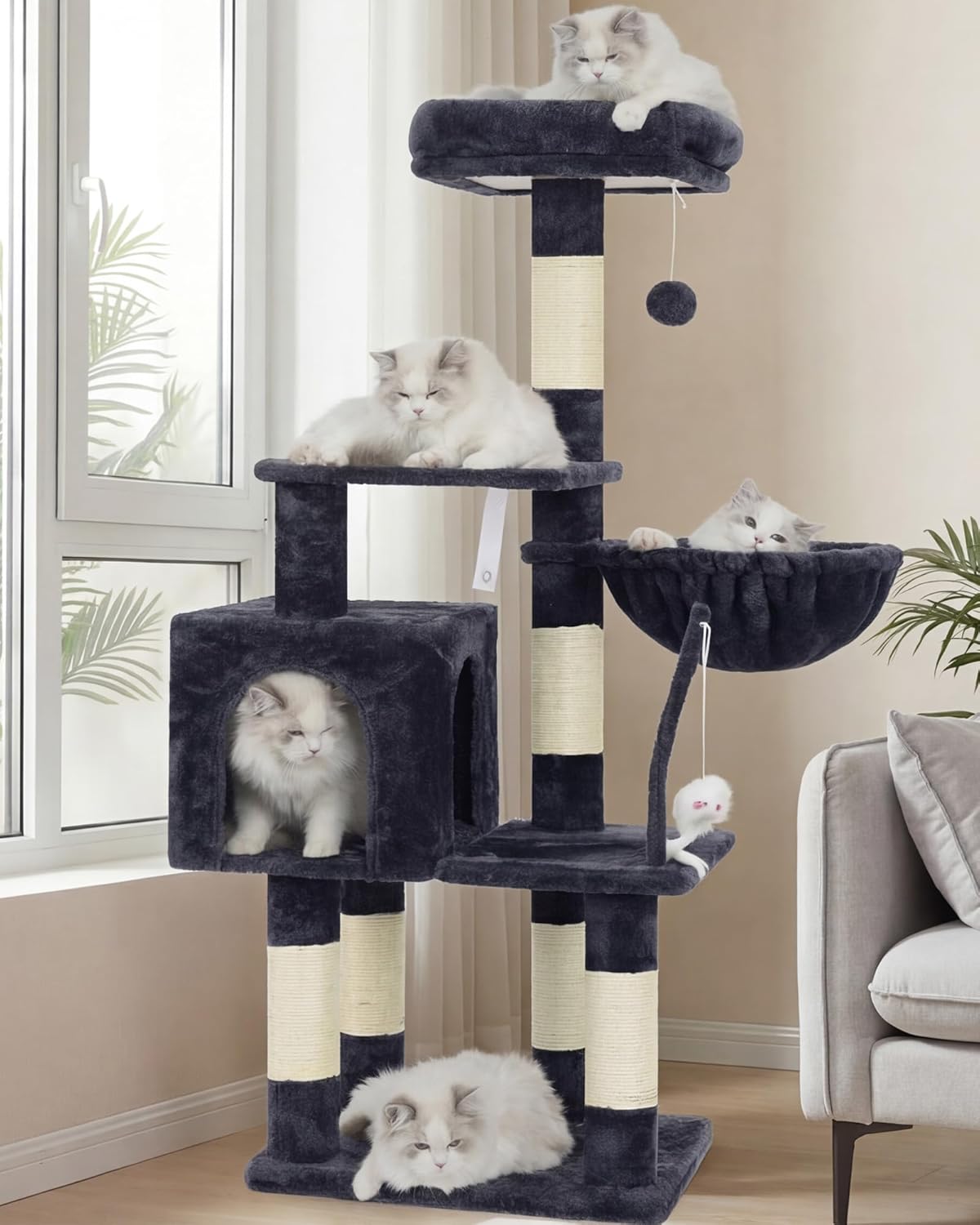 Smoky Gray Indoor Cat Tree with Toy, Plush Perch, Hammock and Sisal Scratching Posts