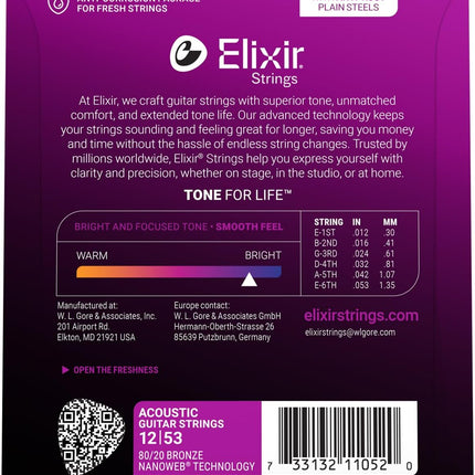 Elixir Strings, Acoustic Guitar Strings, 80/20 Bronze with NANOWEB Technology, Longest-Lasting Bright and Focused Tone For Life with Comfortable Feel, 6 String Set, Light 12-53