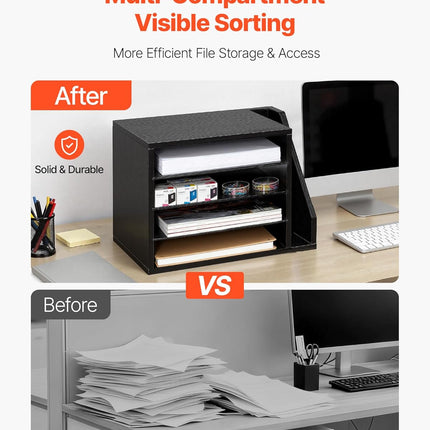 VEVOR Literature Organizer, 4 Compartments Office Mailbox with Detachable Shelves, Wooden Mailbox Sorter with Side Vertical Storage, Countertop Office Home Organizer for File, Document, Paper, Black