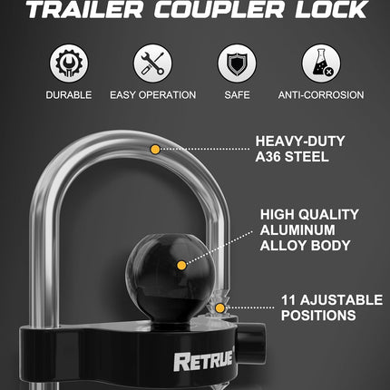 RETRUE Universal Coupler Lock Trailer Locks Ball Hitch Trailer Hitch Lock Adjustable Security Heavy-Duty Steel fits 1-7/8 Inch, 2 Inch, 2-5/16 Inch Couplers, Black