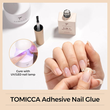 TOMICCA 5 in 1 Brush On Nail Glue Gel for Nail Tips and Press On Nails, 15ml Long‑Lasting UV Nail Adhesive for Nail Extension, Stronger Nail Glue for Spring Nail Art
