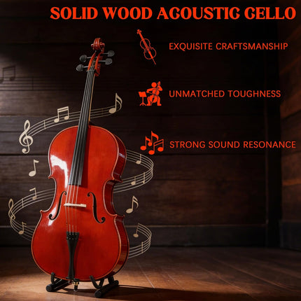 4/4 Full Size Acoustic Cello Kit for Adults, Students & Beginners - with Portable Bag, Bow, Rosin, Stand, Bridge (Red)