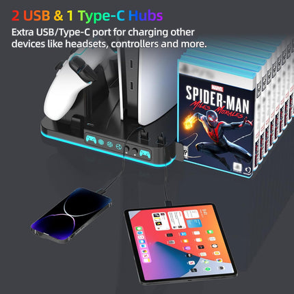 PS5/Slim/Pro Cooling Stand for Disc&Digital with Dual Controller Charging, Multi-Function P5 Accessories 3-Level Cooling Fan, 9 Lighting Modes with Games Storage Slot, Black