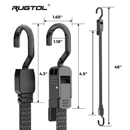 Bungee Cords with Hooks, 48 Inch Adjustable Flat Bungee Straps with Quick Release Buckle, Rubber Black Heavy Duty Elastic Cords with Metal Hooks for Bike Rack, Outdoor, Camping, Tarp, 6 Pack