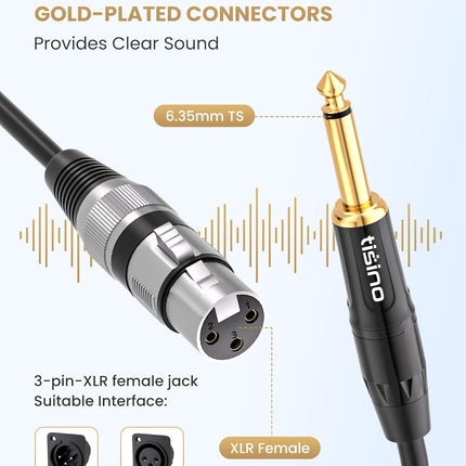 Tisino Female XLR to 1/4 (6.35mm) TS Mono Jack Unbalanced Microphone Cable Mic Cord for Dynamic Microphone - 6.6 FT/2 Meters