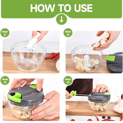 Manual Food Processor Vegetable Chopper, Portable Hand Pull String Garlic Mincer Onion Cutter for Veggies, Ginger, Fruits, Nuts, Herbs, etc., 500ml,（Gray-green）