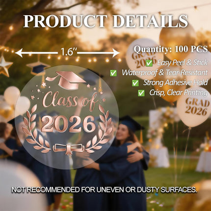 100pcs Class of 2026 Graduation Stickers, Clear Waterproof Round Foil Stickers for Graduation Party, Envelope Seals, Congrats Gifts & Decorations (Class of 2026, Clear Rose Gold Foil)