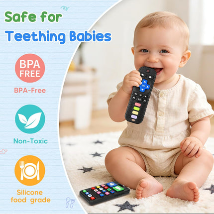 2 Pack Baby Teething Toys 3-6 Months, Silicone Phone and Remote Teether Toys for Baby 6-12-18 Months, Sensory Chew Toys, BPA Free Infant Teething Relief for Boys Girls, Baby Birthday Shower Gifts