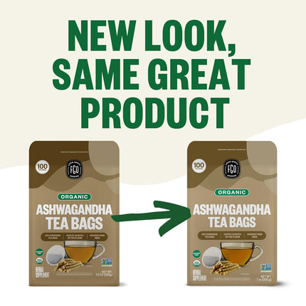 FGO Organic Ashwagandha Tea, 100 Count, Eco-Conscious Herbal Tea Bags, Resealable Bag, Caffeine Free, Packaging May Vary (Pack of 1)
